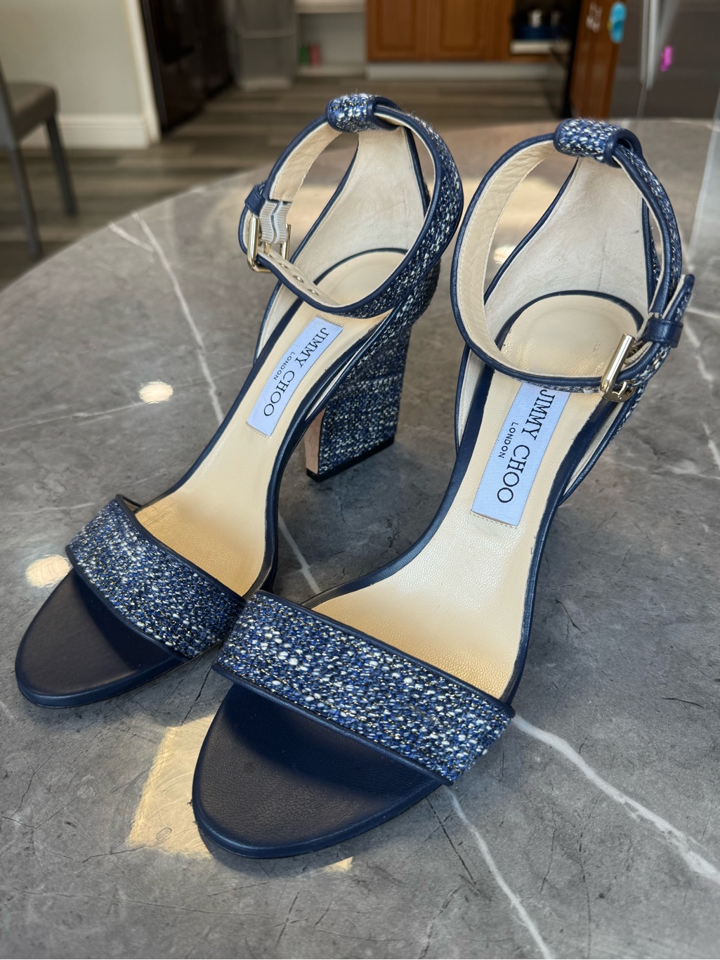 Jimmy Choo Navy Glitter Block Heel Sandals With Ankle Strap